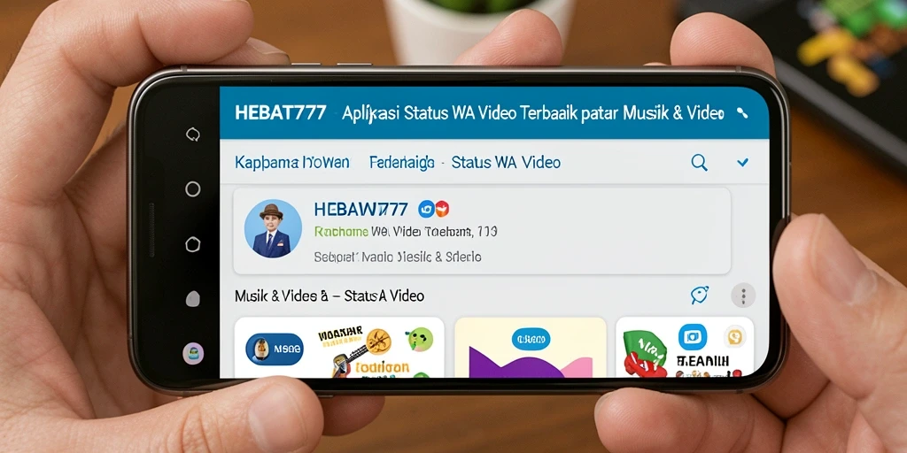 Tampilan antarmuka HEBAT777 yang menarik dengan berbagai video status.